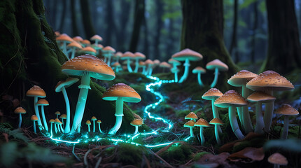 Enchanted forest path illuminated by glowing mushrooms and mystical energy