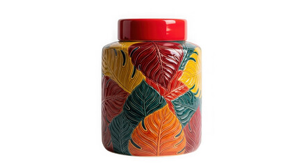 Colorful ceramic vase isolated on transparent background with leaf pattern