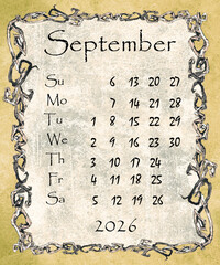Vintage style monthly calendar 2026 year poster