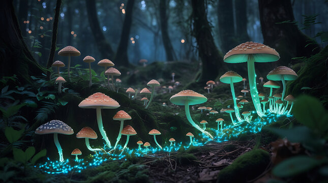 Enchanted forest with glowing mushrooms and mystical atmosphere
