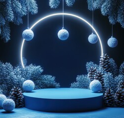 Serene winter scene featuring blue podium surrounded by frosty pine branches and snowflakes with illuminated circle background