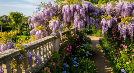 Wisteria-draped Balustrade in a Verdant Garden Path, Floral Abundance in a Sun-Kissed Estate