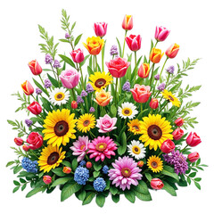 A bright, colorful bouquet of flowers featuring pink gerbera daisies and other blooms isolated on white