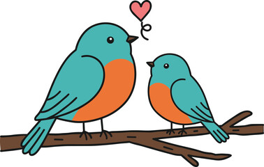 Cute cartoon birds on branch illustration, adorable lovebirds with heart symbol, romantic nature drawing, colorful wildlife vector art design