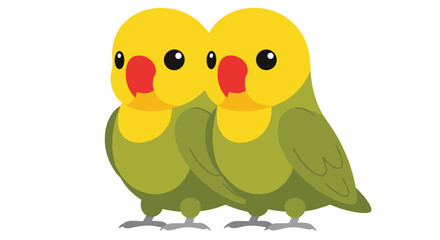 Two cute cartoon lovebirds standing together with yellow heads and green bodies, adorable parrot couple vector illustration design