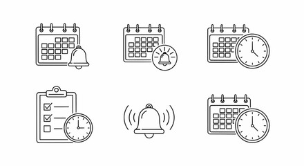 Set of time management icons including calendar, clock, and reminder bell, line art vector illustration