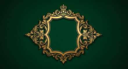 Elegant Gold Crown and Ornate Frame on Emerald Green Background, Majestic Golden Crest with Intricate Floral Details on a Dark Green Backdrop