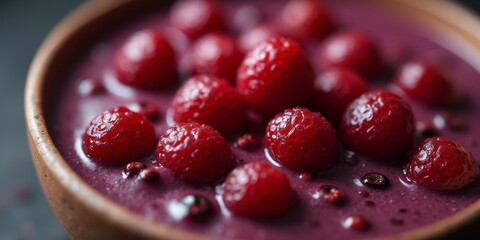 Healthy superfood breakfast acai bowl with goji berries. Macro close-up with dramatic lighting and vibrant colors, showing rich texture details. Commercial food photography concept.