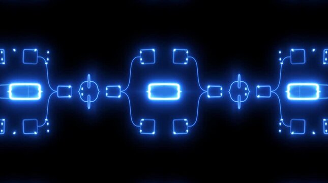 Abstract blue neon circuit board pattern glowing lines connecting nodes digital network technology data flow futuristic background