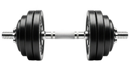 Dumbbell with black plates isolated on transparent background for strength training