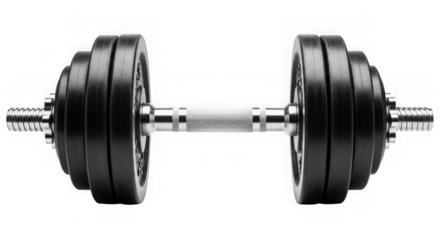 Dumbbell with black plates isolated on transparent background for strength training