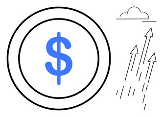 Blue dollar sign inside a coin outline, upward arrows representing growth, and a small cloud. Ideal for finance, investment, economics, success, wealth business growth themes. Simple flat metaphor
