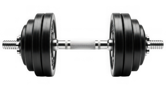 Dumbbell with black plates isolated on transparent background for strength training