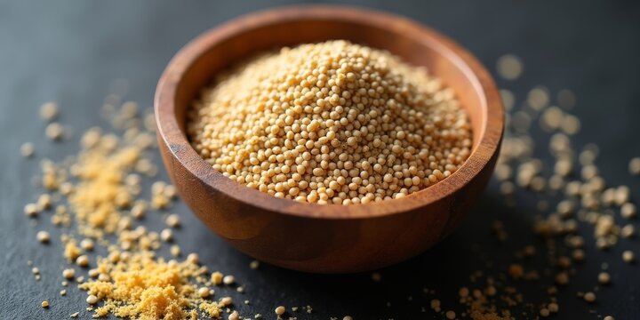 Raw hemp seeds with nutritional yeast flakes in a wooden bowl on a dark slate background. Healthy vegan superfood concept with natural lighting and macro texture.