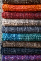 Colorful carpet swatches neatly stacked, showcasing a vibrant spectrum from reds to blues and purples