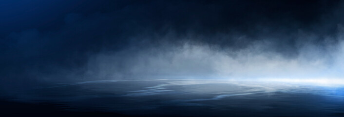 Fototapeta premium Dark night scene over water, fog over dark ocean water, dark surface, neon light, reflections on the water. Fantasy night water scene.