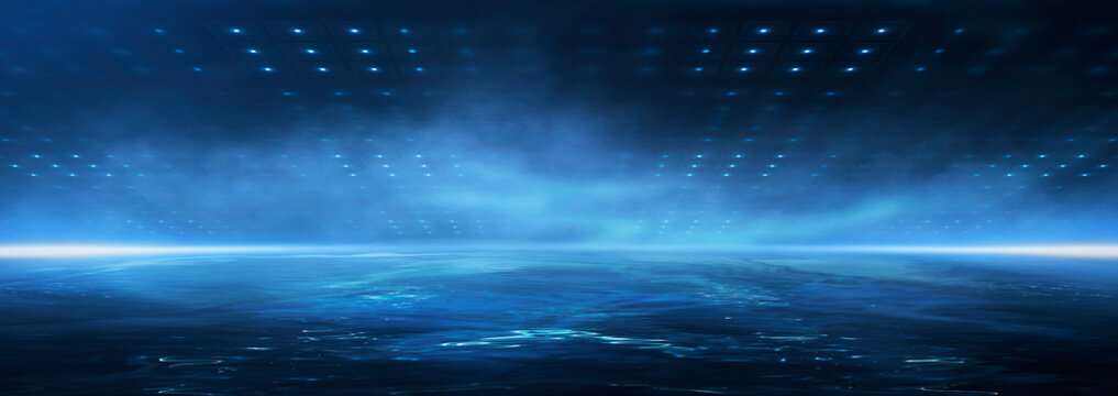 Dark night scene over water, fog over dark ocean water, dark surface, neon light, reflections on the water. Fantasy night water scene.