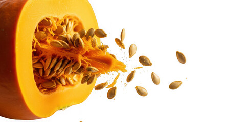 Half of pumpkin with seeds isolated on transparent background for cooking