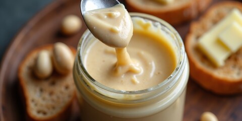 Creamy macadamia nut butter spread in jar with toast slice background