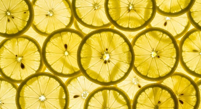 Full frame background of bright yellow, translucent, backlit lemon fruit slices