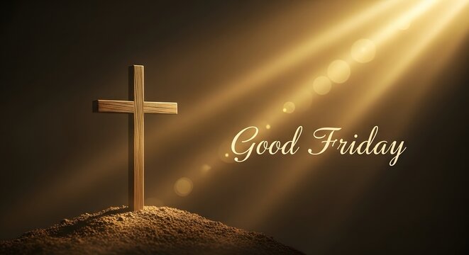 Golden rays of light shine on a wooden cross on good friday - Powered by Adobe