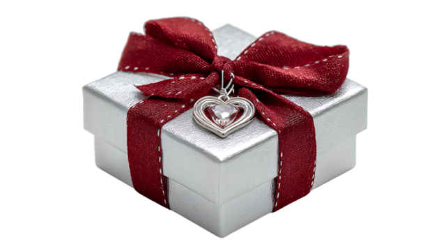 Sparkling silver gift box with red ribbon and heart charm isolated on transparent background
