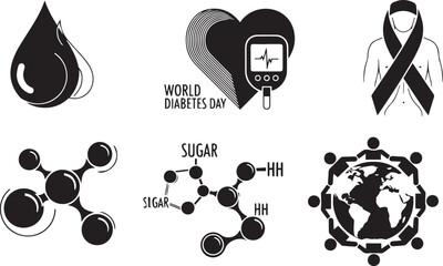 World Diabetes Day Symbols and Icons: Drop, Heart, Glucometer, Ribbon, Molecule, Globe
