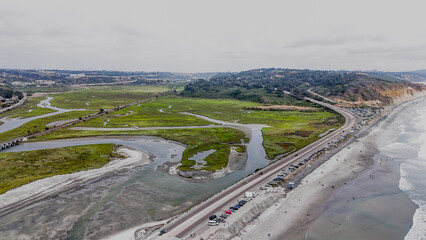 Aerial nature landscape of wetlands and beach summer day in southern San Diego California CA