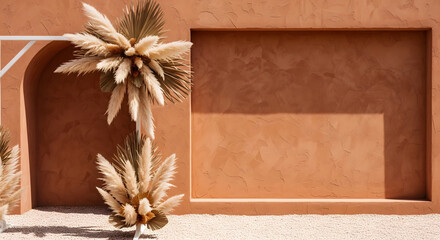 Rustic Terracotta Wedding Backdrop with Pampas Grass Accents, Minimalist Desert Wedding with Textured Wall and Dried Floral Arrangement