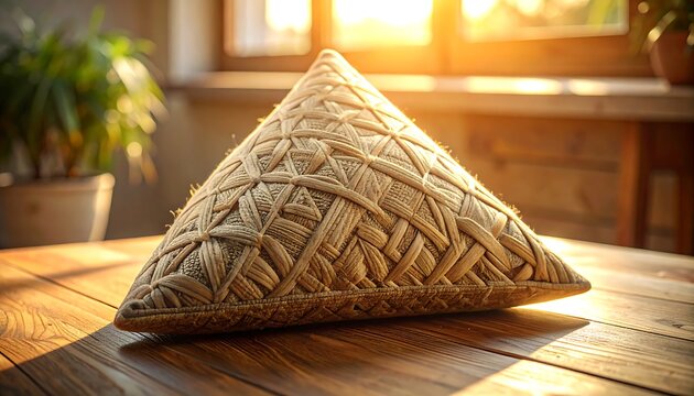 A close-up shot of a woven cone-shaped object on a wooden table, bathed in warm sunlight from a window