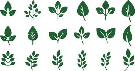 Naklejka premium Collection of green leaf vector icons, eco nature symbols, organic plant illustrations for sustainable design, environment, and botanical graphics