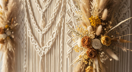 Romantic Macrame Wedding Backdrop with Dried Flowers, Boho Wedding Decor, Cream Macrame and Floral Details