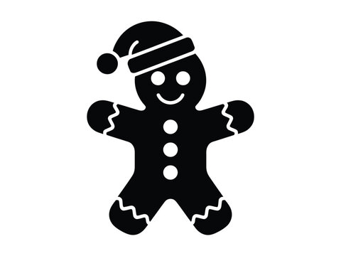 A black silhouette of a gingerbread man wearing a Santa hat against a white background.