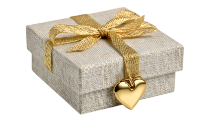 Elegant gift box with golden ribbon and heart charm isolated on transparent background