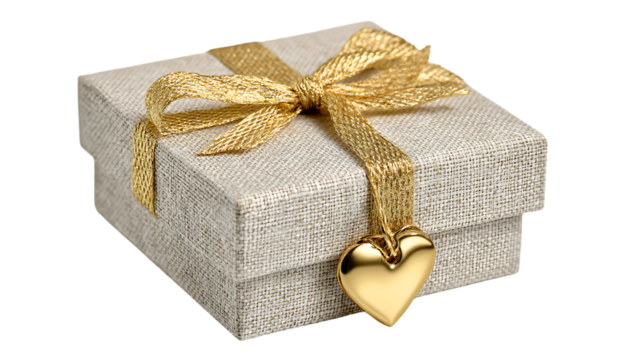 Elegant gift box with golden ribbon and heart charm isolated on transparent background