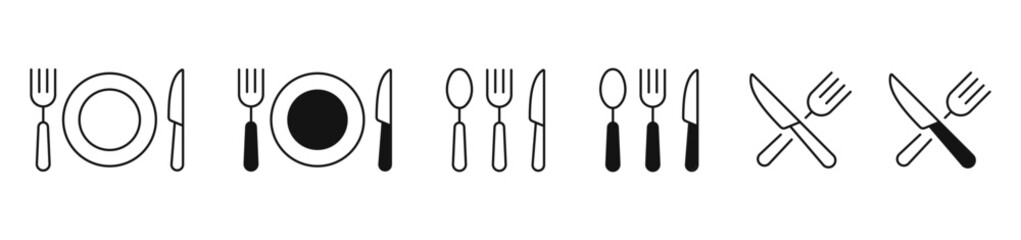 Fork, knife, spoon, plate simple icons in line and flat style. Restaurant, Food, Menu editable stroke icon. vector