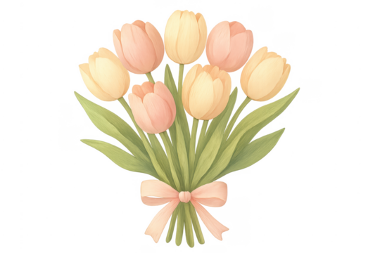 Watercolor tulip flower bouquet with ribbon - Powered by Adobe