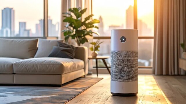 Air purifier in modern living room setting near large window with sofa and plant