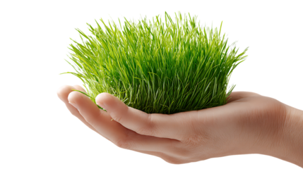 Hand holding a clump of green grass isolated on transparent background
