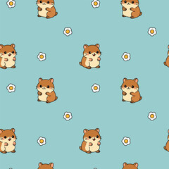 Funny hamster with white flowers. Cartoon funny animals character.