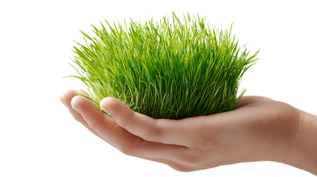 Hand holding a clump of green grass isolated on transparent background