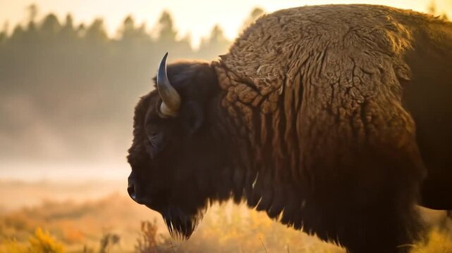 American bison in golden light wildlife animal portrait detailed fur texture natural environment