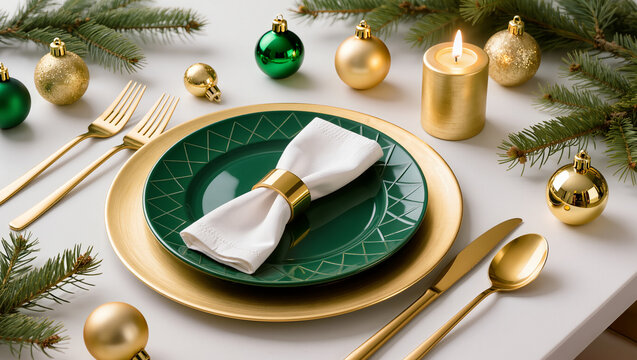 Holiday table with green and gold festive decor