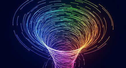 Vibrant abstract digital vortex of swirling luminous lines forming a dynamic funnel, representing futuristic data flow, technological innovation, and interconnected energy