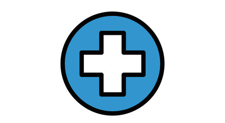 A blue circle containing a white cross, representing medical assistance.