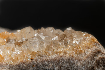 Beautiful quartz crystals on rock, vibrant details captured close-up