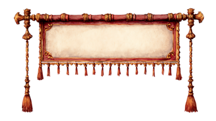 Ornate vintage banner with tassels isolated on transparent background