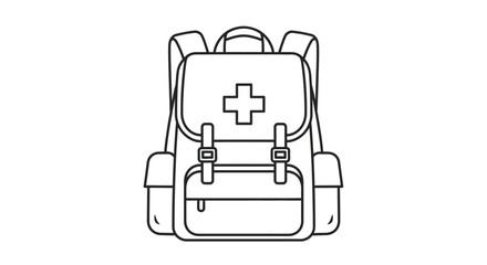Detailed line art illustration of a first aid backpack, medical kit.