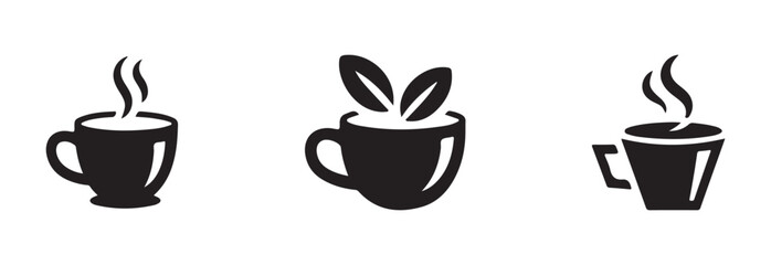 Modern coffee cup icon set,  silhouette collection with steam,  symbols cup cafe logo, vector illustration EPS 10.