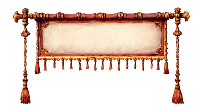 Ornate vintage banner with tassels isolated on transparent background